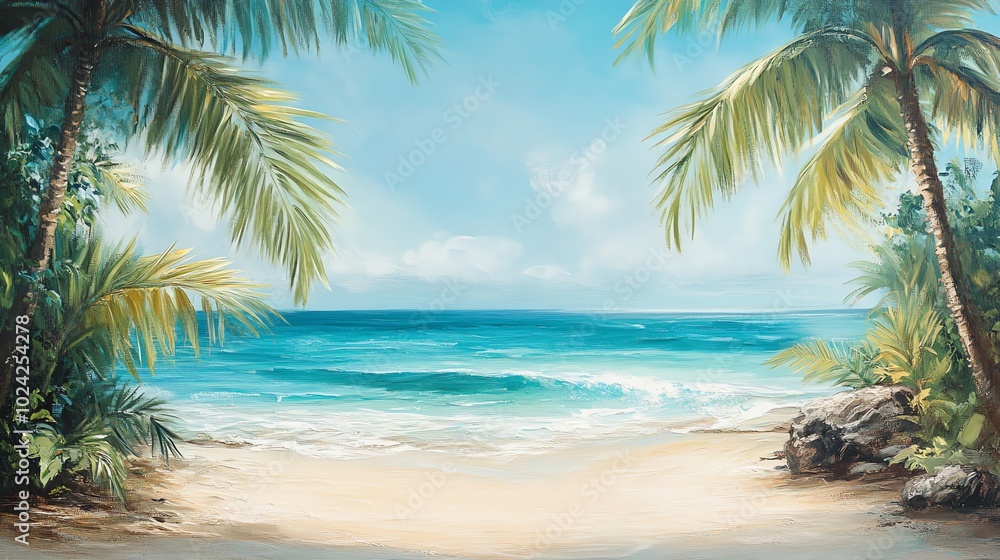 Obraz premium Painting of a tropical beach with palm trees framing a view of the ocean.