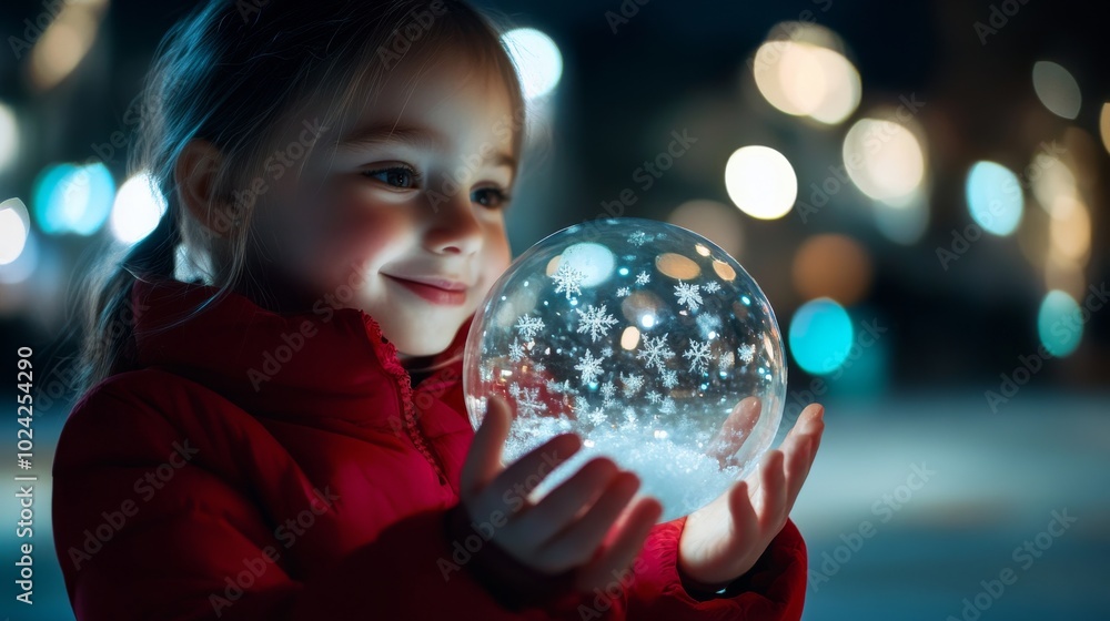 Naklejka premium A young girl in a red coat marvels at a glowing snowflake globe, her eyes filled with wonder, against a backdrop of soft, blurred lights.
