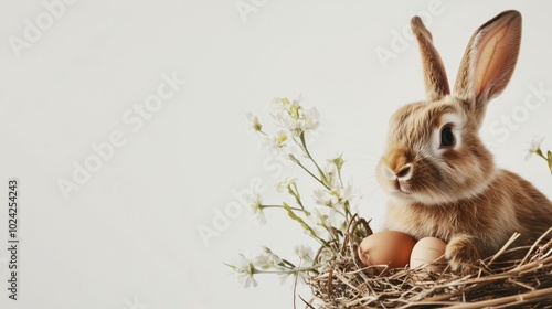 Cute Rabbit with Eggs in Nest photo