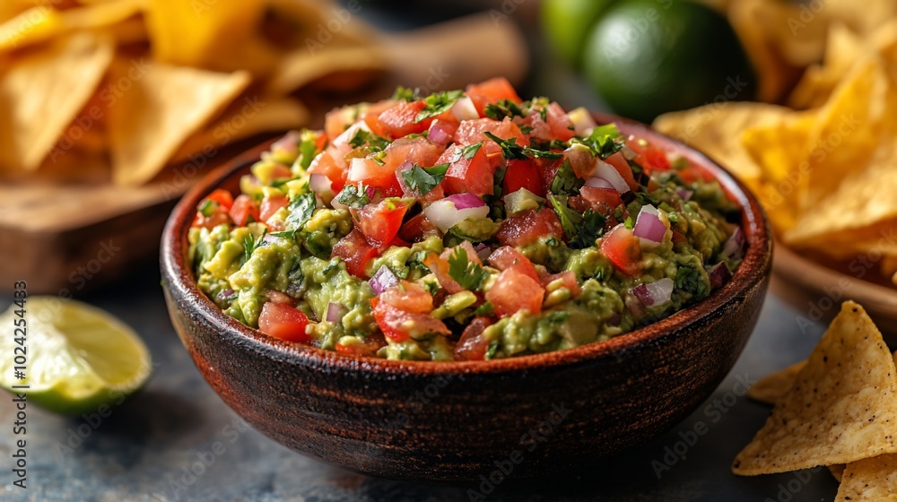 Bowl of guacamole with fresh ingredients and tortilla chips. Bowl of guacamole with fresh ingredients and tortilla chips.