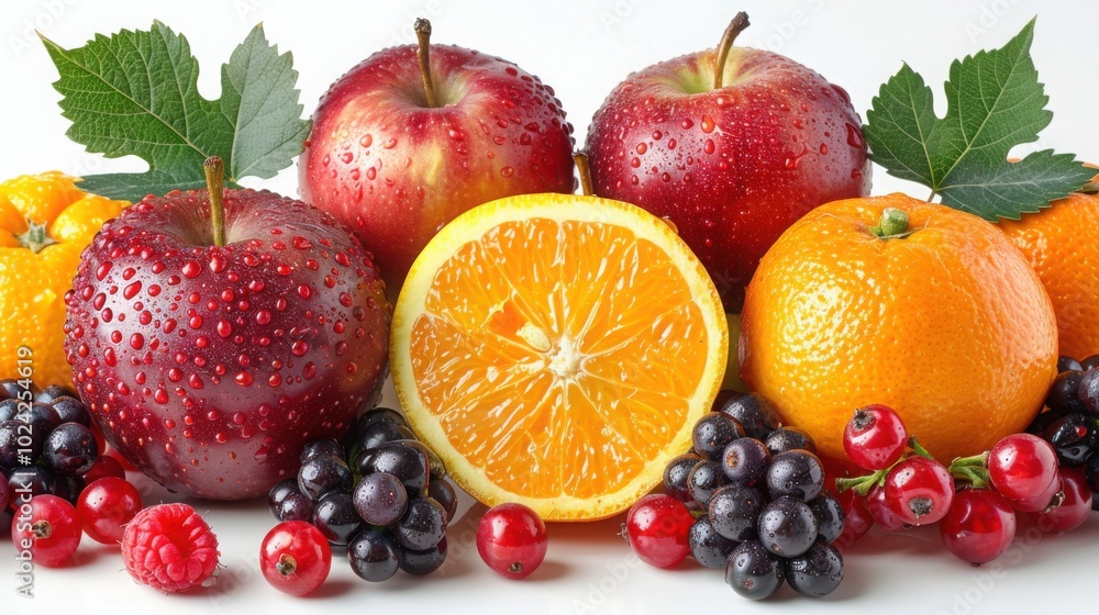A fresh assortment of apples, oranges, berries, and grapes with leaves, placed against a white background.
A fresh assortment of apples, oranges, berries, and grapes with leaves, placed against a white background.