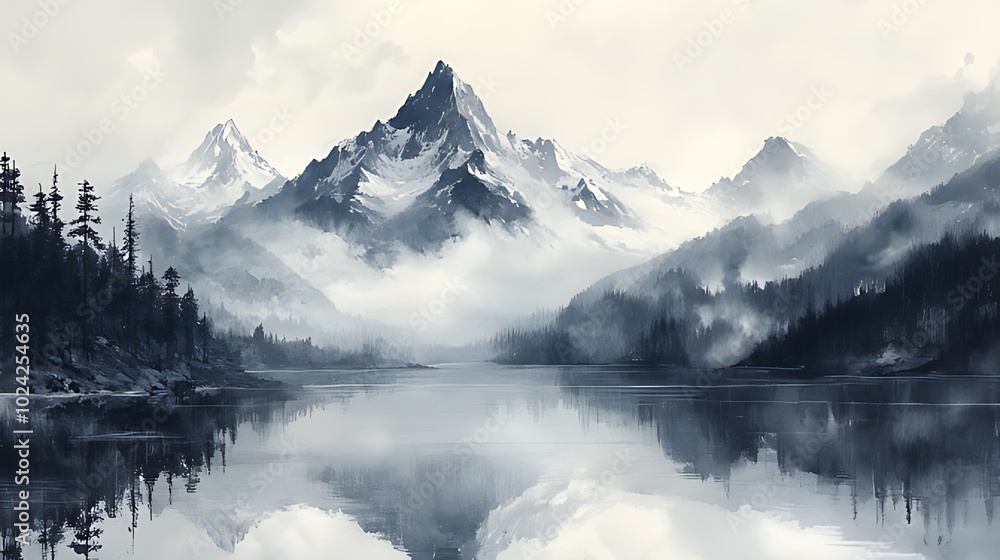 A serene mountain lake scene with snow-capped peaks reflected in the still water, surrounded by a mist and pine trees. A serene mountain lake scene with snow-capped peaks reflected in the still water, surrounded by a mist and pine trees.