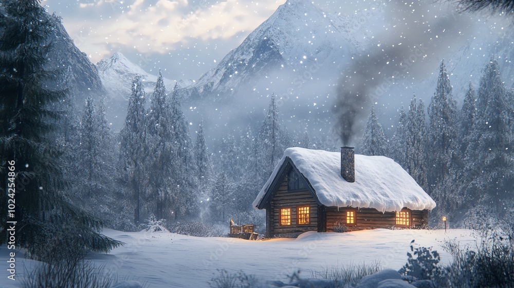 Cozy cabin with warm lights glowing in the snow-covered forest on a snowy evening. Cozy cabin with warm lights glowing in the snow-covered forest on a snowy evening.
