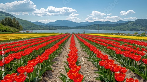 Long rows of red tulips blooming in a field with mountains and a lake in the background.