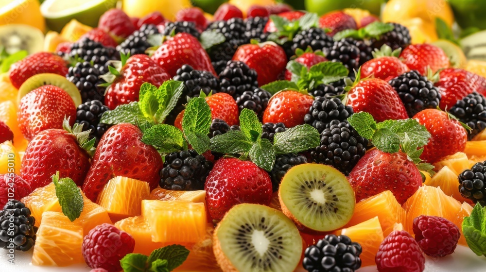 A vibrant fruit salad featuring strawberries, blackberries, kiwi, melon, and mint leaves.
A vibrant fruit salad featuring strawberries, blackberries, kiwi, melon, and mint leaves.