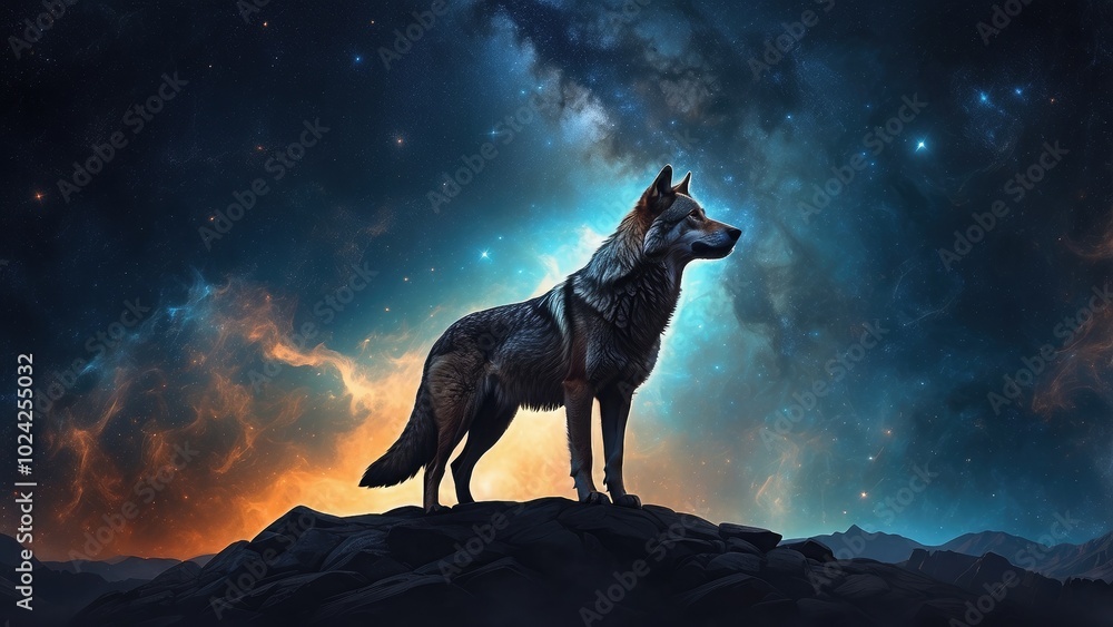 A serene silhouette of a wolf against a backdrop of astronomical wonders, including distant stars and swirling galaxies, evoking the outdoors A serene silhouette of a wolf against a backdrop of astronomical wonders, including distant stars and swirling galaxies, evoking the outdoors