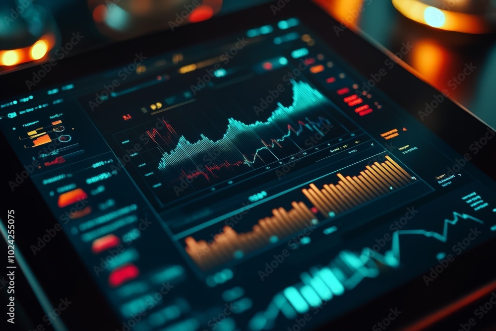 A close-up of a tablet showing machine learning model results, with colorful charts and graphs tracking predictions. A close-up of a tablet showing machine learning model results, with colorful charts and graphs tracking predictions.