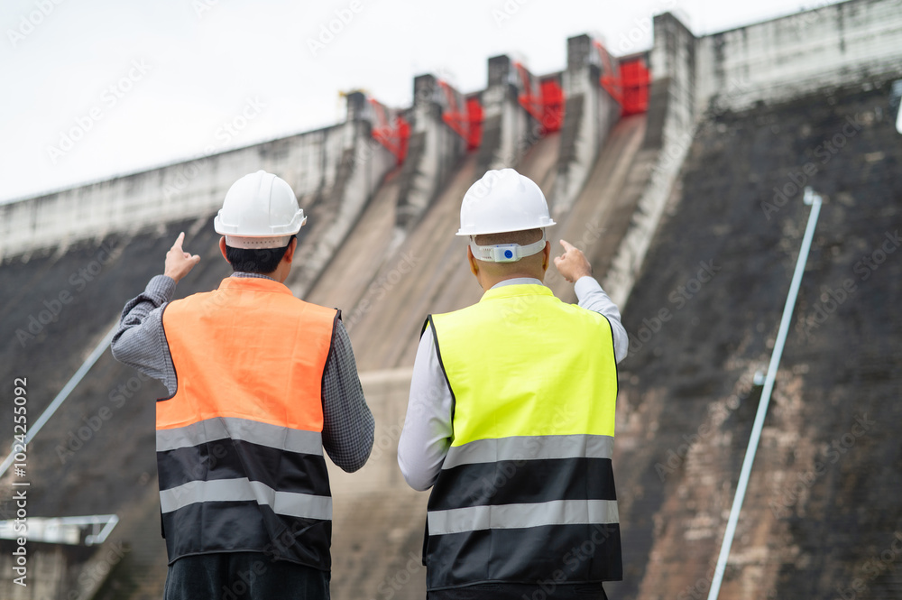 Smiling young Asian civil engineer standing with his arms crossed wearing a helmet and using a walkie-talkie. View and inspect the operation of the dam's sluice gates using the Quality Monitor tablet. Smiling young Asian civil engineer standing with his arms crossed wearing a helmet and using a walkie-talkie. View and inspect the operation of the dam's sluice gates using the Quality Monitor tablet.