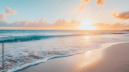 Soft, gentle waves lap onto a pristine sandy beach at sunset.