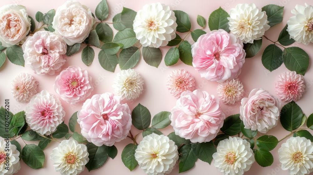 An arrangement of pink and white dahlias with eucalyptus leaves on a soft pastel background.
An arrangement of pink and white dahlias with eucalyptus leaves on a soft pastel background.