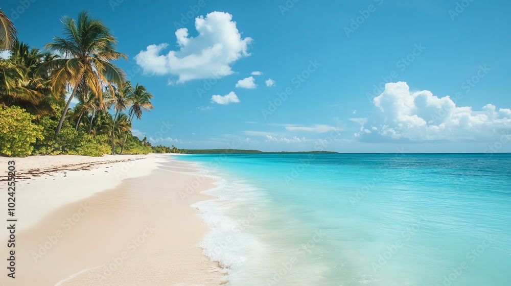 A beautiful white sand beach with clear turquoise water and palm trees in the background. A beautiful white sand beach with clear turquoise water and palm trees in the background.