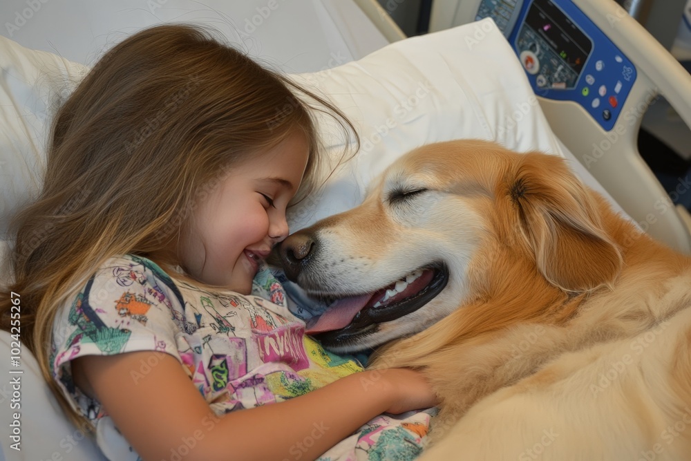 A close-up of a therapy dog providing comfort to a child in a hospital bed, with the child smiling and petting the dog. A close-up of a therapy dog providing comfort to a child in a hospital bed, with the child smiling and petting the dog.