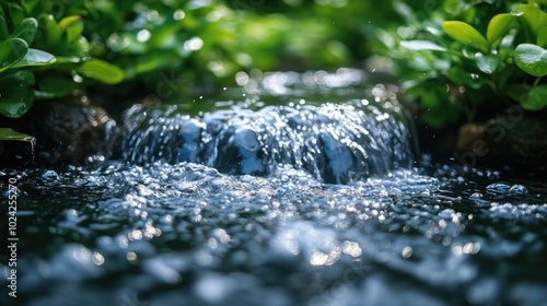 Close-up of a small stream flowing over rocks with lush green foliage on either side.