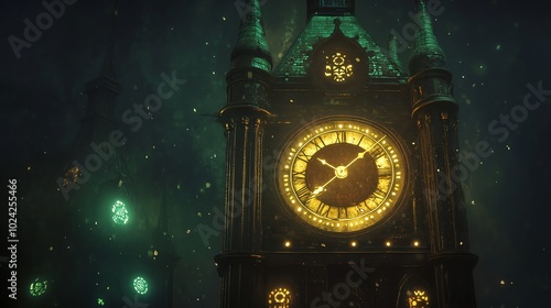 A close-up view of a clock tower face with a golden clock illuminated in the dark.