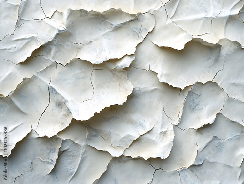 a white wall with patches of peeling paint, giving it a textured and worn appearance.