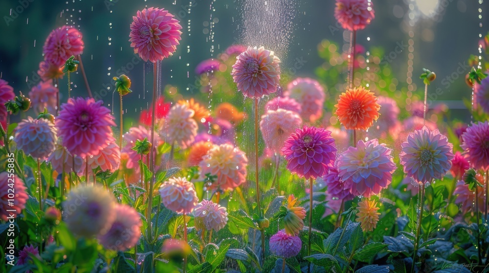 A vibrant field of colorful dahlias covered in morning dew, illuminated by soft sunlight.
A vibrant field of colorful dahlias covered in morning dew, illuminated by soft sunlight.