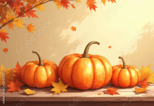 Autumn Pumpkins and Leaves on Wooden Table