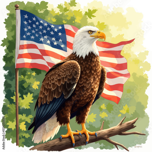 Bald Eagle with American Flag 
