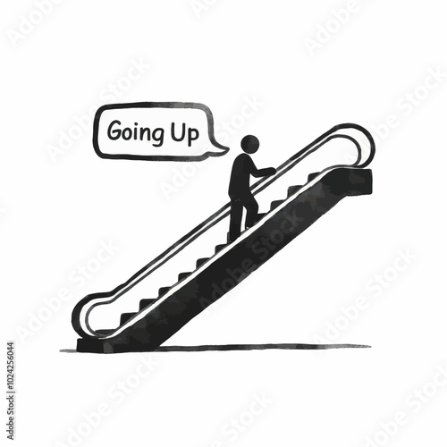 Black and White Illustration of Person on Escalator 
