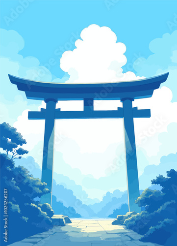 Blue Torii Gate with Cloudy Sky and Lush Greenery 
