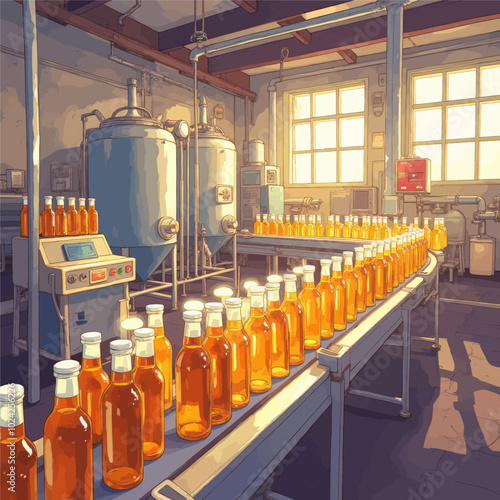 Bottles on a Conveyor Belt in a Factory 
