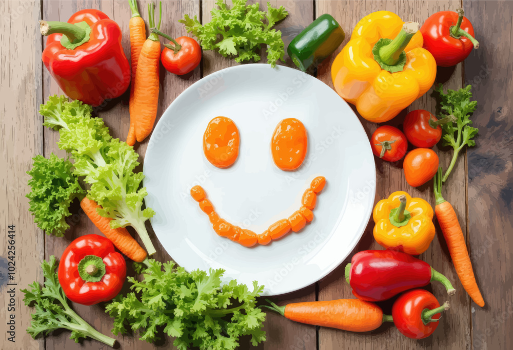 Carrot Smiley Face on Plate with Vegetables Carrot Smiley Face on Plate with Vegetables