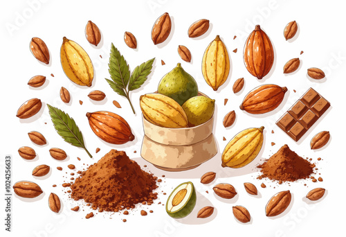 Cocoa beans, pods, powder and chocolate bar illustration 
