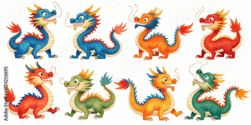 Colorful Cartoon Dragons Set 
