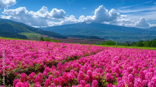 A vibrant field of pink flowers with a mountainous landscape in the background, set under a bright blue sky. 