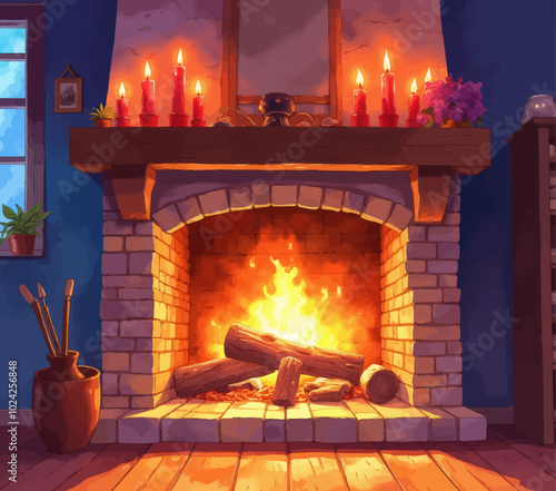 Cozy Brick Fireplace with Burning Fire  

