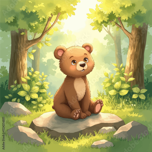 Cute Bear Sitting on a Rock in a Forest