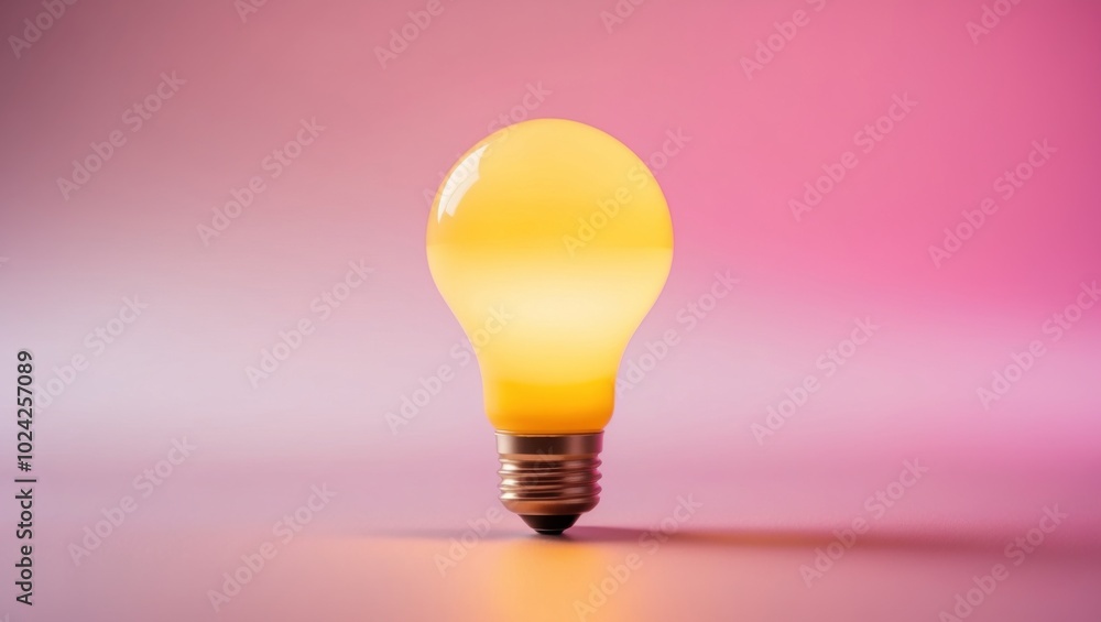 Bright Yellow Light Bulb on Pink Gradient Background. Bright Yellow Light Bulb on Pink Gradient Background.