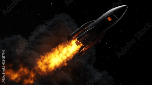 A rocket ship blasts off into space, leaving a trail of fire and smoke.