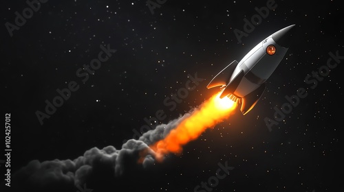 A sleek, silver rocket launches into the vastness of space, leaving behind a trail of fiery smoke.