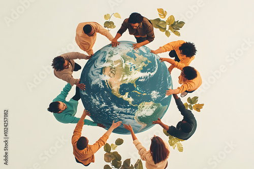 Fototapeta Naklejka Na Ścianę i Meble -  multiracial people hold hands around earth globe, earth day, white background,