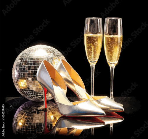 Disco Ball, Champagne Flutes, and High Heels