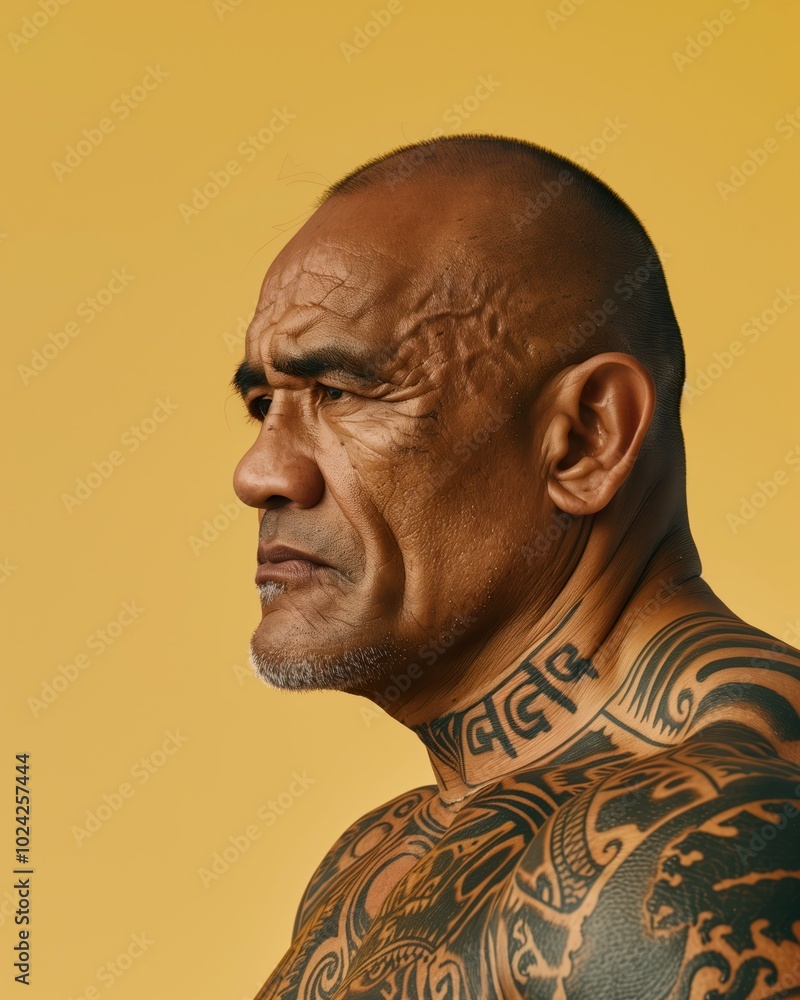 Tattooed Mature Man with Intense Expression Tattooed Mature Man with Intense Expression