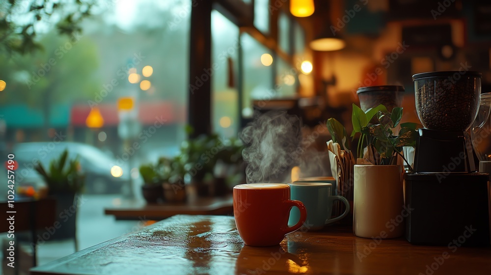 Steaming cup of coffee on a cafe table with a rainy view outside the window. Steaming cup of coffee on a cafe table with a rainy view outside the window.