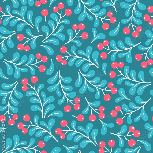 Seamless pattern with interweaving branches leaves and red berries on blue background. Vector hand draw illustration for wrapping paper, greeting cards
