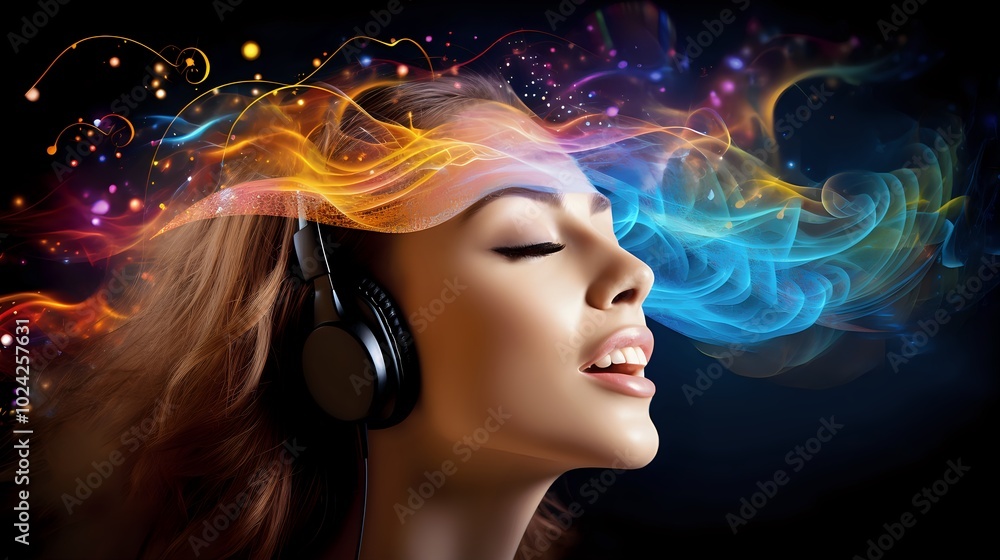 Graphic image of a happy woman's face Enjoy music Graphic image of a happy woman's face Enjoy music