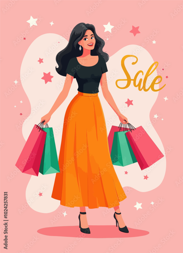 Happy Woman Shopping Sale with Multiple Bags Happy Woman Shopping Sale with Multiple Bags