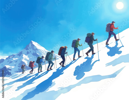 Hikers ascend snowy mountain peak