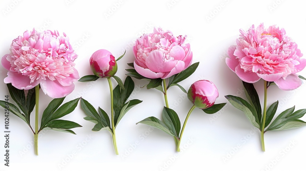 Fototapeta premium Pink peonies at various stages of bloom arranged in a row against a white background, highlighting their soft petals and natural beauty. 