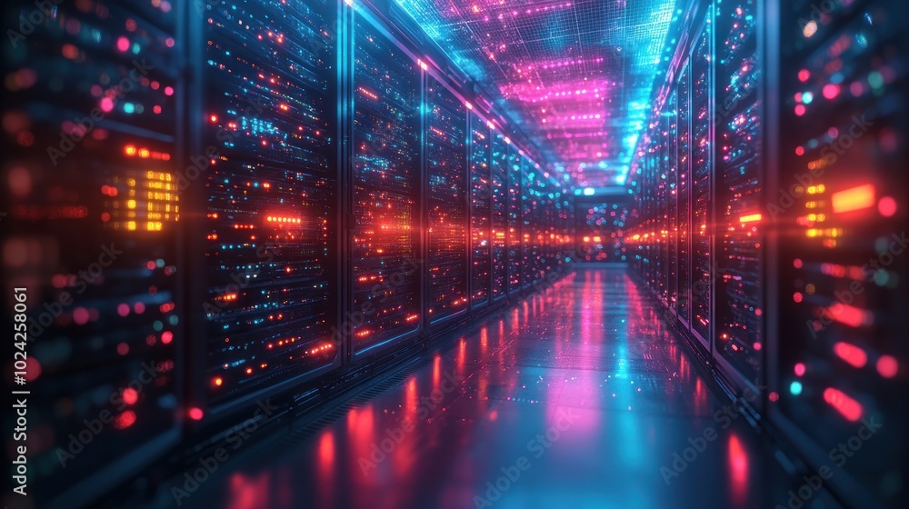 A futuristic server room with rows of glowing servers and a reflective floor. A futuristic server room with rows of glowing servers and a reflective floor.