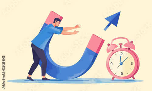Man Using Magnet to Attract Alarm Clock  

