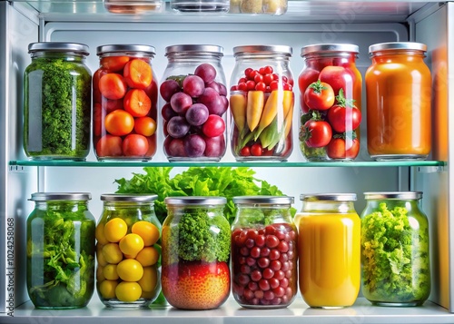 Fresh Fruits and Vegetables in Glass Jars for Home Refrigerator Organization