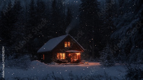 A cozy cabin glowing in the winter night, surrounded by snow-covered trees.