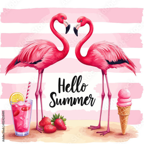 Pink Flamingos Hello Summer Illustration 
