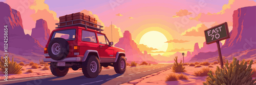 Red Car Driving Towards Sunset in Desert Landscape 
