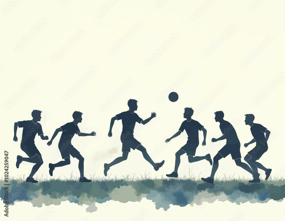 Silhouettes of Soccer Players Running with Ball in Watercolor Style Silhouettes of Soccer Players Running with Ball in Watercolor Style